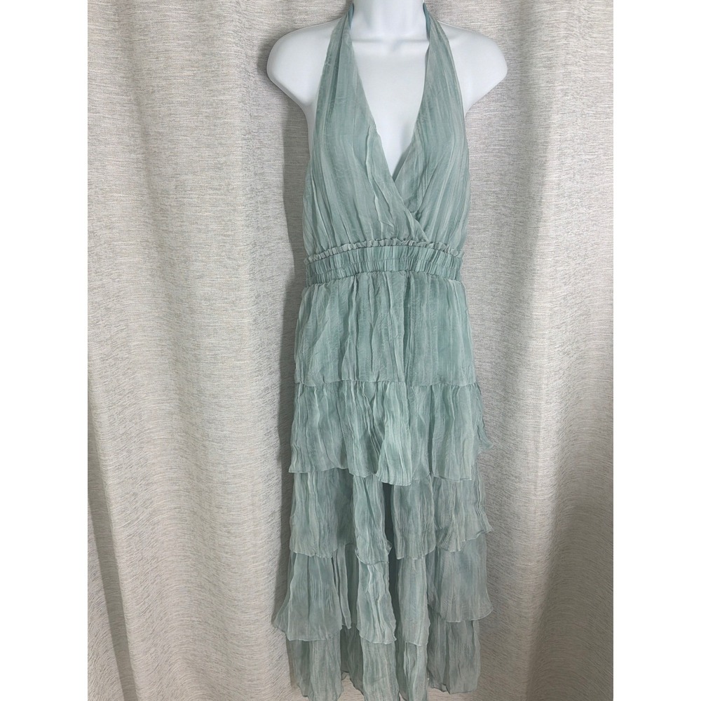 La' Ven Seafoam Green Tiered Halter Maxi Dress Smocked Waist NWT size xs
